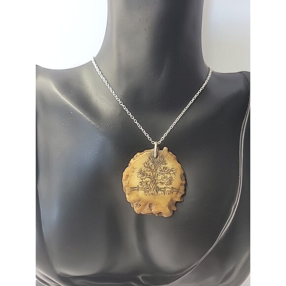 Vintage Tree Pendant Necklace Hand Etched Tree Design on Antler Look Pendant - Picture 5 of 10